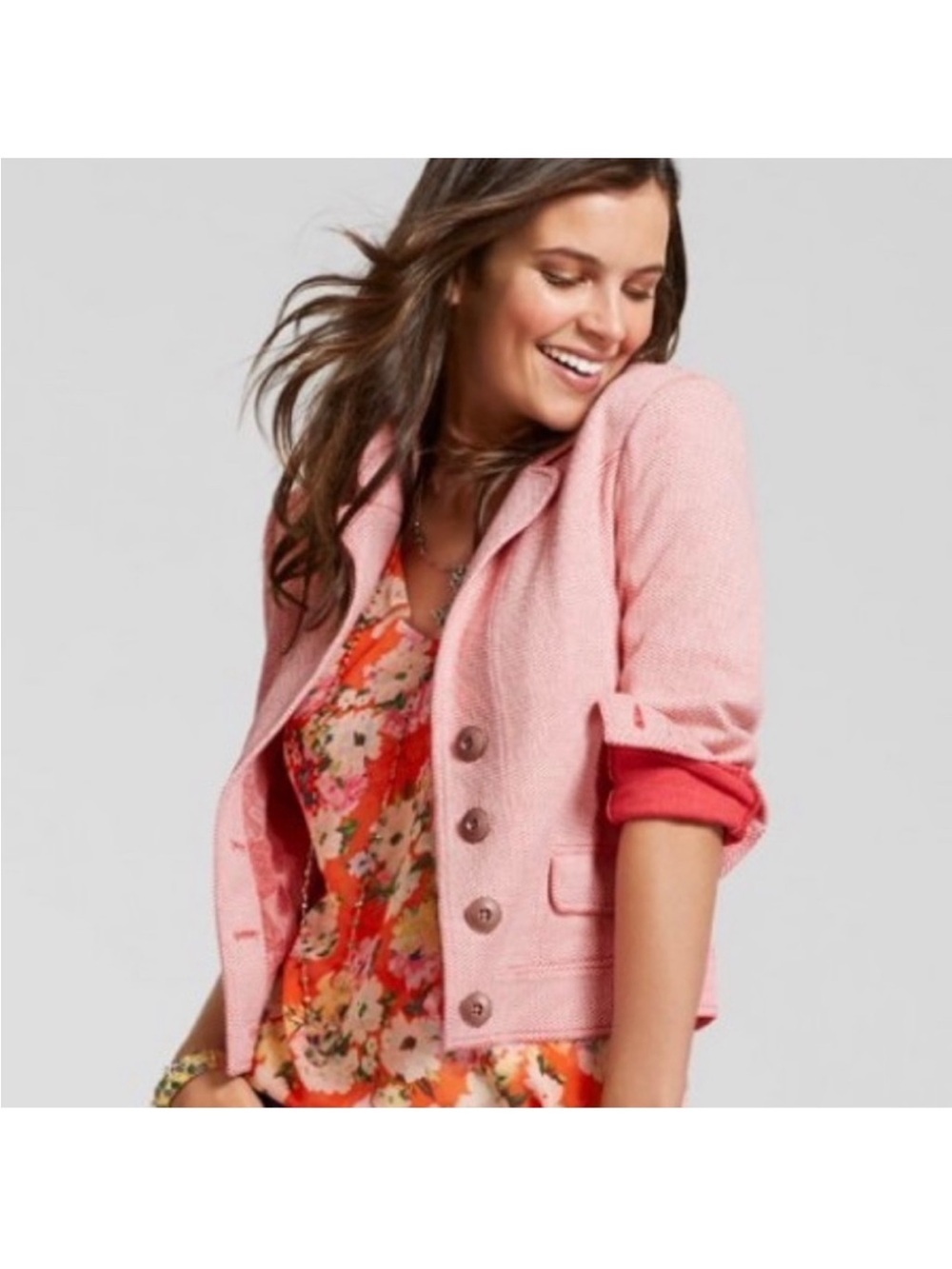 Cabi Amelia Knit Strawberry Toned Cropped Long Sleeve Jacket Blazer Work Office